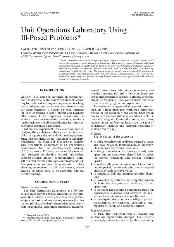 (PDF) Unit Operations Laboratory Using Ill-Posed Problems*
