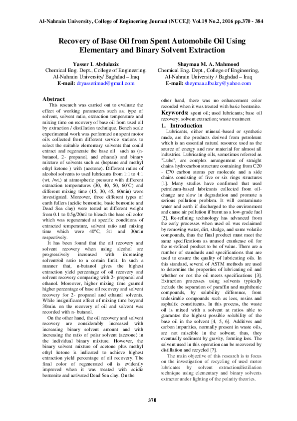 (PDF) Recovery of Base Oil from Spent Automobile Oil Using Elementary ...