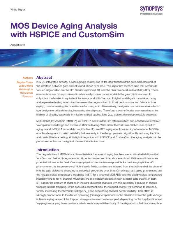 (PDF) MOS Device Aging Analysis with HSPICE and CustomSim