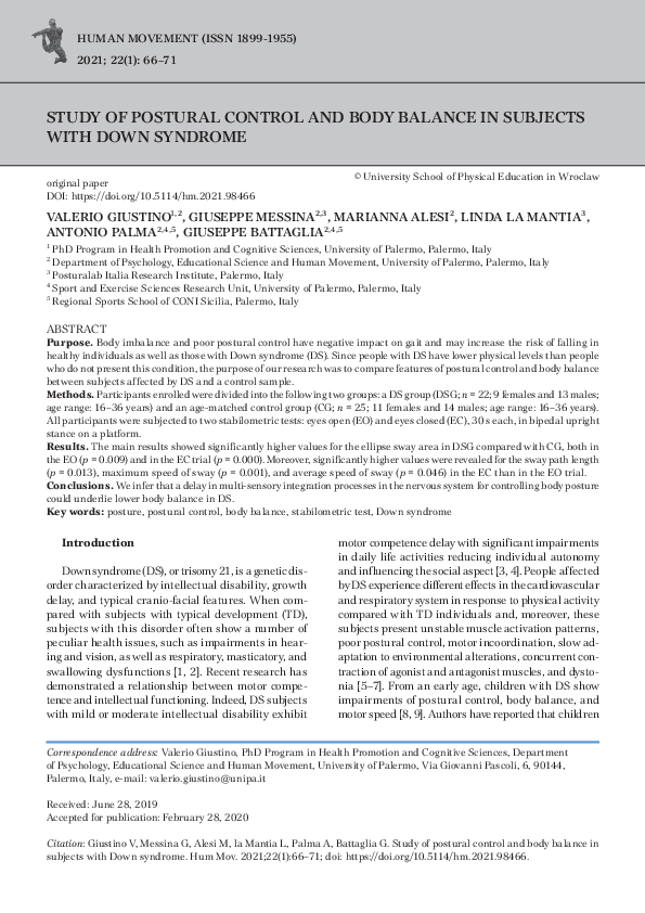 (PDF) Study of postural control and body balance in subjects with Down ...