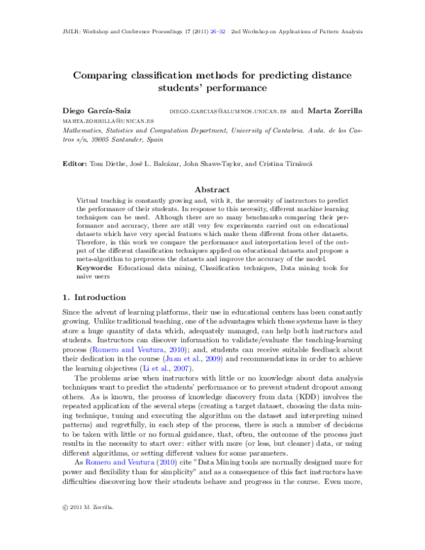 (PDF) Comparing classification methods for predicting distance students ...
