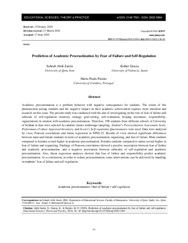 (PDF) Prediction of Academic Procrastination by Fear of Failure and ...