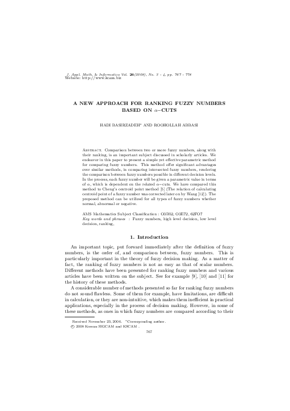 (PDF) A New Approach for Ranking Fuzzy Numbers Based on Α−cuts