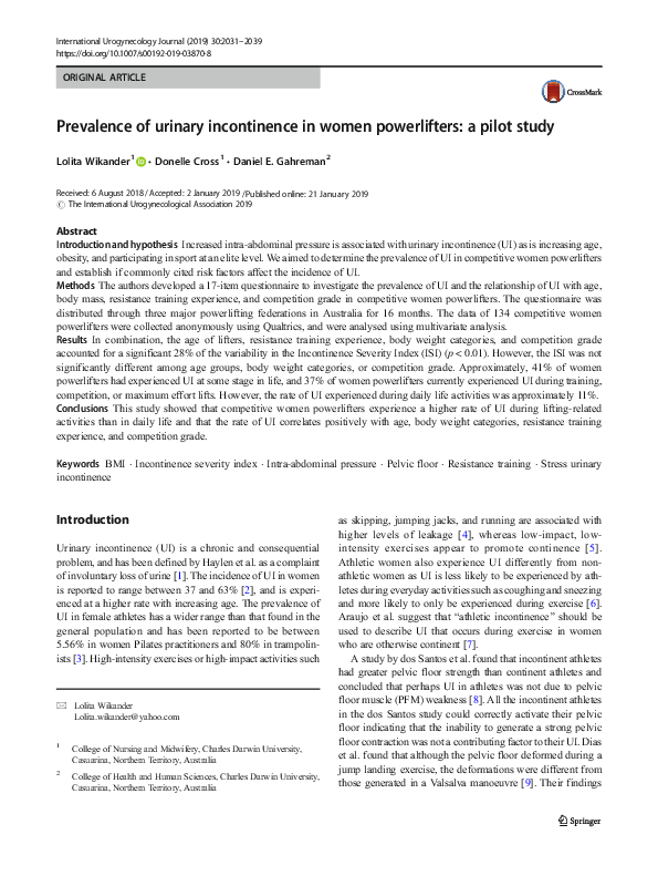 (PDF) Prevalence of urinary incontinence in women powerlifters: a pilot ...