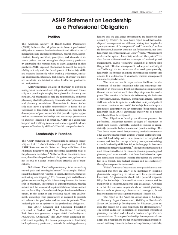 (PDF) ASHP Statement on Leadership as a Professional Obligation