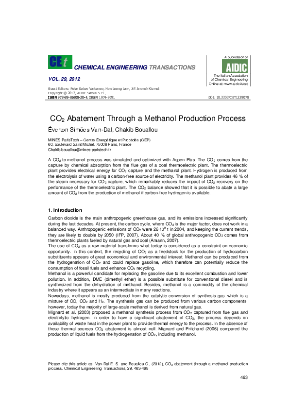 (PDF) CO2 abatement through a methanol production process