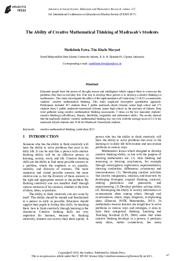 (PDF) The Ability of Creative Mathematical Thinking of Madrasah’s Students