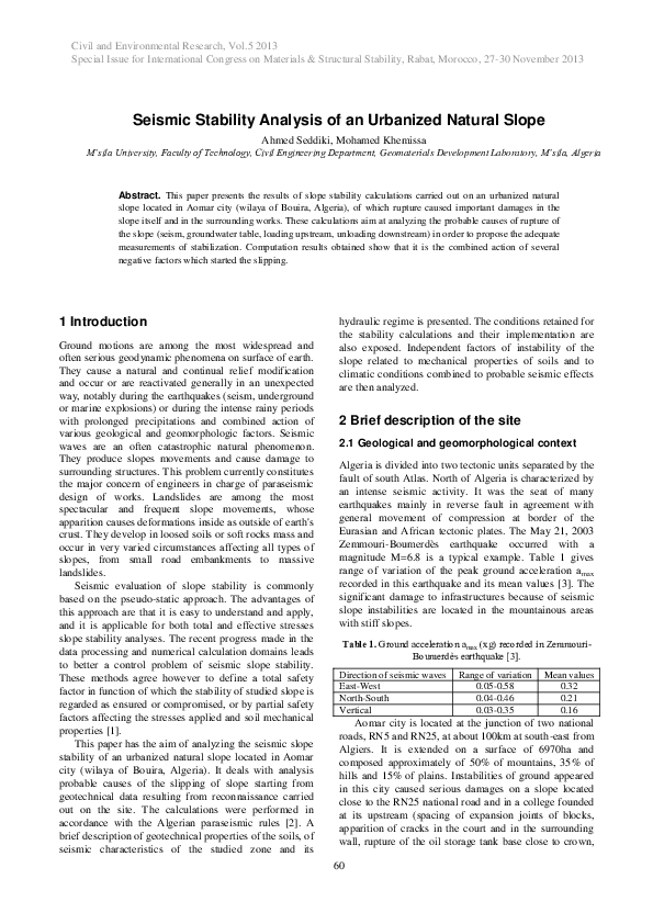 (PDF) Seismic Stability Analysis of an Urbanized Natural Slope