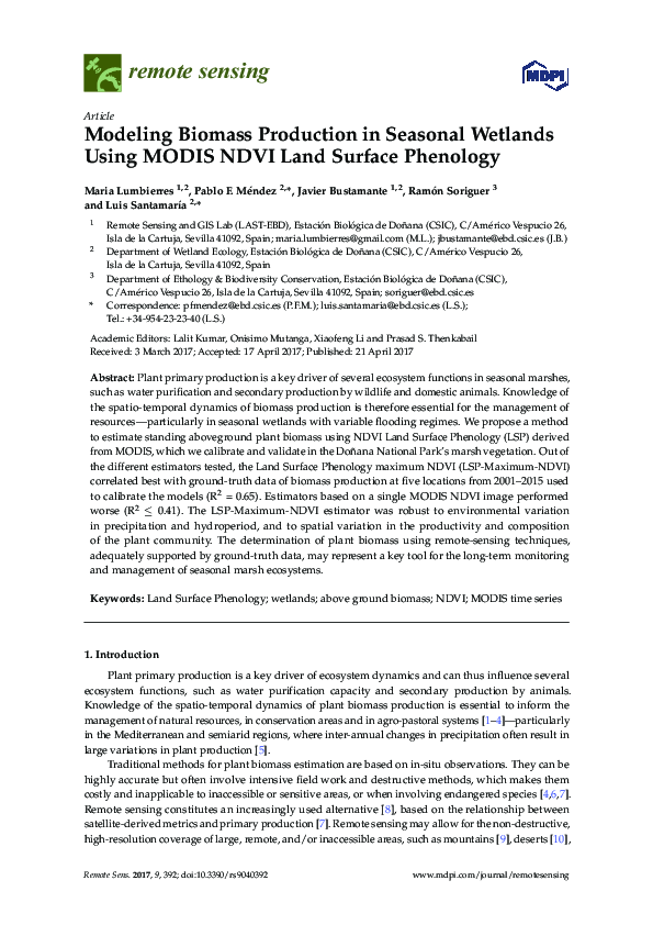 (PDF) Modeling Biomass Production in Seasonal Wetlands Using MODIS NDVI ...