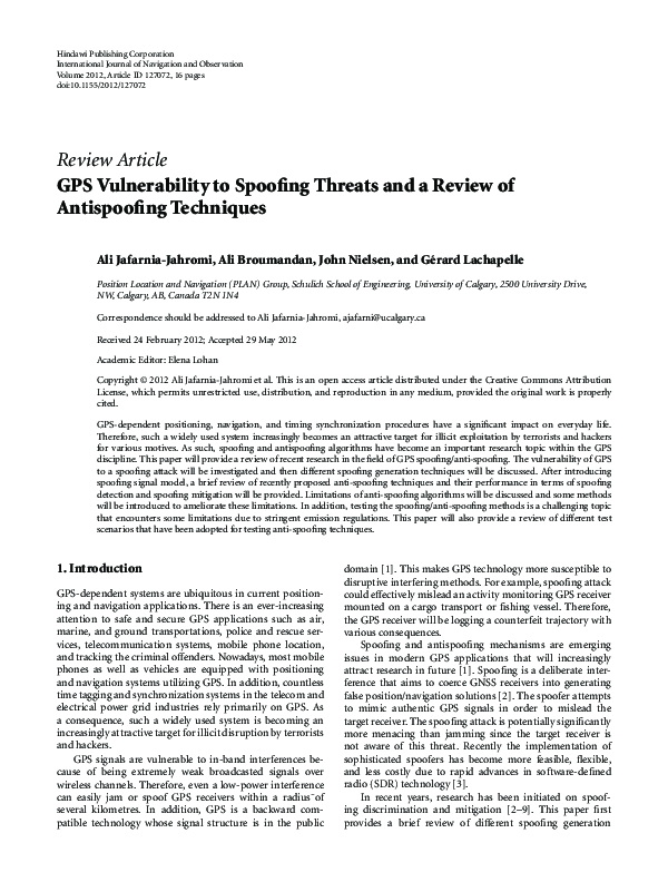 (PDF) GPS Vulnerability to Spoofing Threats and a Review of ...