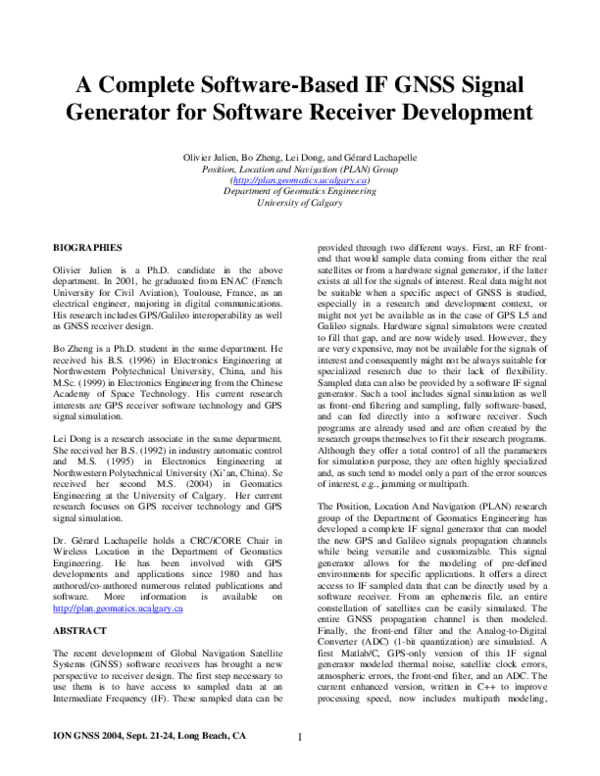 (PDF) A complete softwarebased IF GNSS signal generator for software