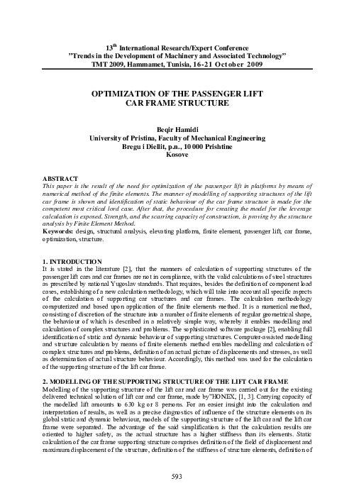 (PDF) Optimization of the Passenger Lift Car Frame Structure