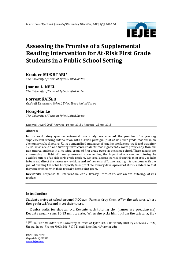 (PDF) Assessing the Promise of a Supplemental Reading Intervention for ...
