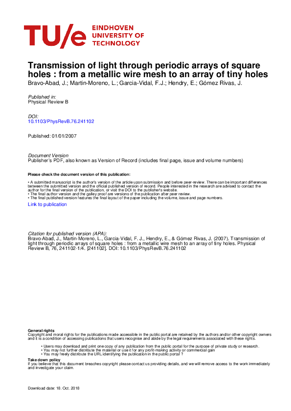 (PDF) Transmission of light through periodic arrays of square holes ...