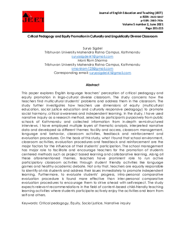 (PDF) Critical Pedagogy and Equity Promotion in Culturally and ...