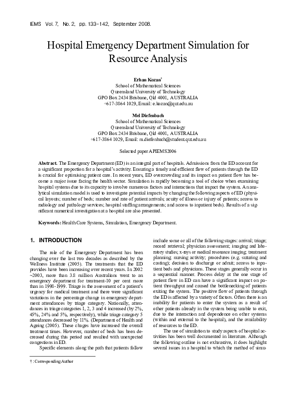 (PDF) Hospital Emergency Department Simulation for Resource Analysis
