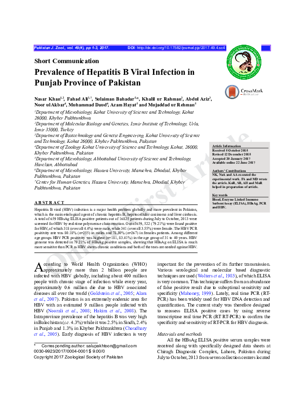(PDF) Prevalence of Hepatitis B Viral Infection in Punjab Province of ...
