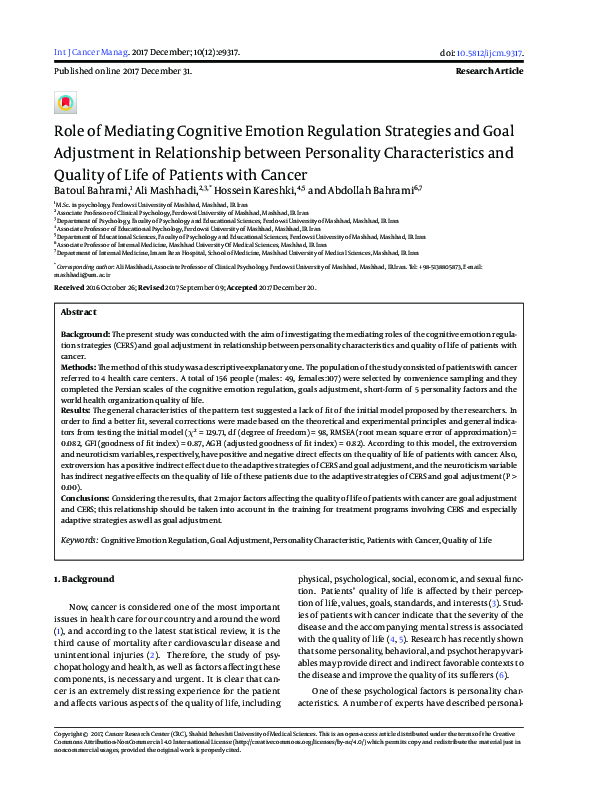 (PDF) Role of Mediating Cognitive Emotion Regulation Strategies and ...