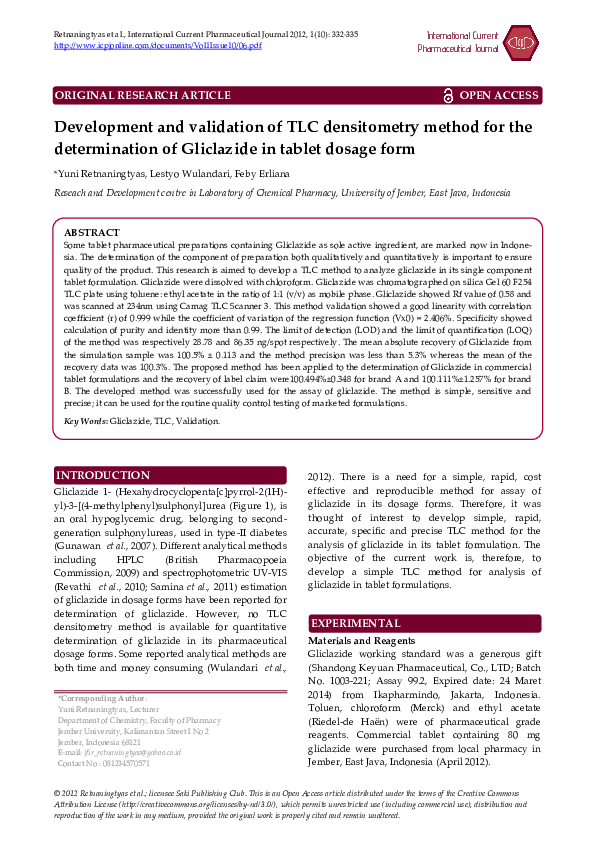 (PDF) Development and validation of TLC densitometry method for the