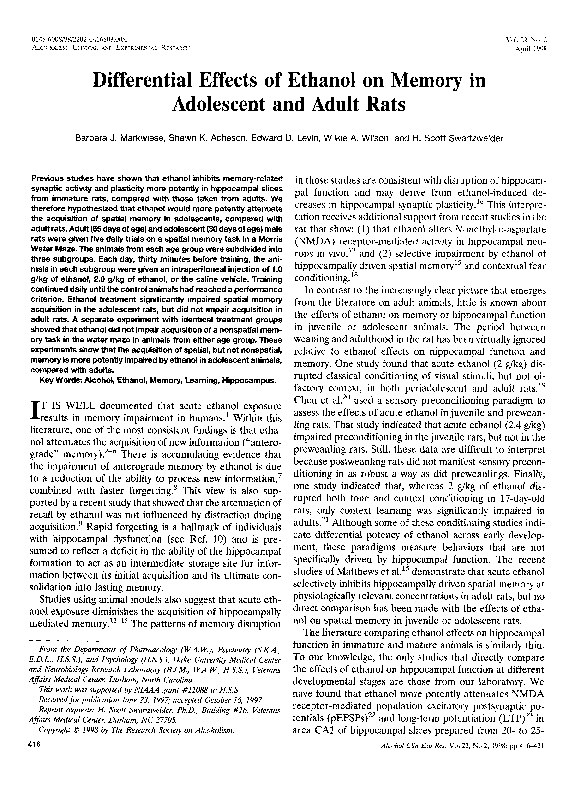 (PDF) Differential Effects of Ethanol on Memory in Adolescent and Adult ...