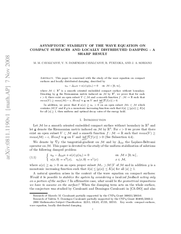 (PDF) Asymptotic stability of the wave equation on compact surfaces and ...