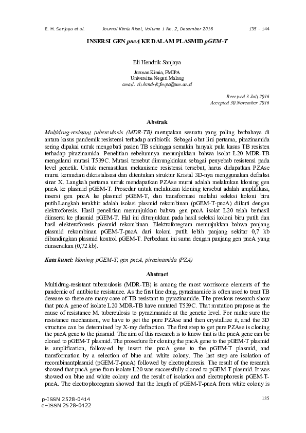 (PDF) INSERSI GEN pncA KE DALAM PLASMID pGEM-T