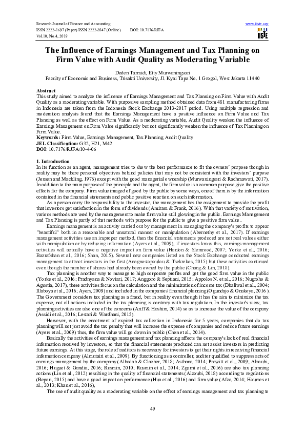(PDF) The Influence of Earnings Management and Tax Planning on Firm ...