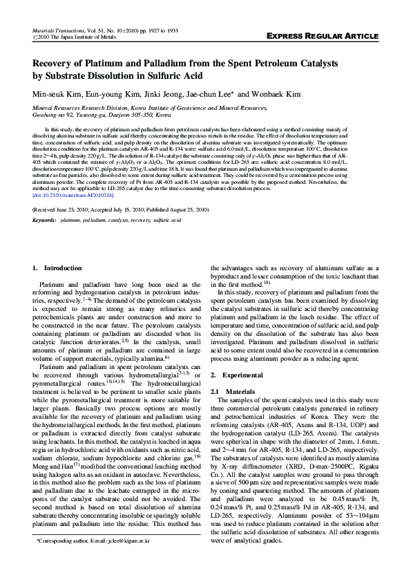 (PDF) Recovery of Platinum and Palladium from the Spent Petroleum ...