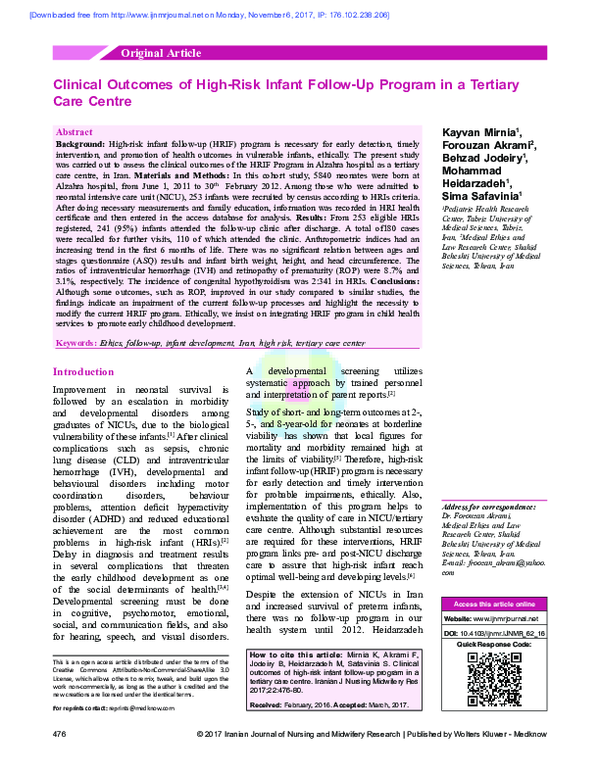 (PDF) Clinical outcomes of high-risk infant follow-up program in a ...