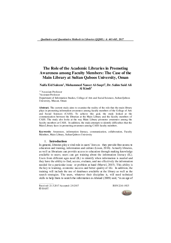 (PDF) The Role of the Academic Libraries in Promoting Awareness among ...