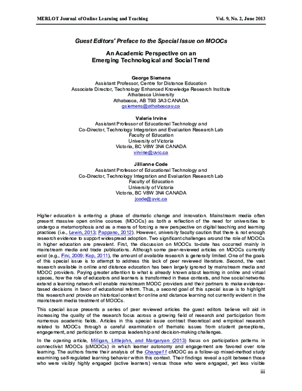 (PDF) Guest Editors' Preface to the Special Issue on MOOCs An Academic ...