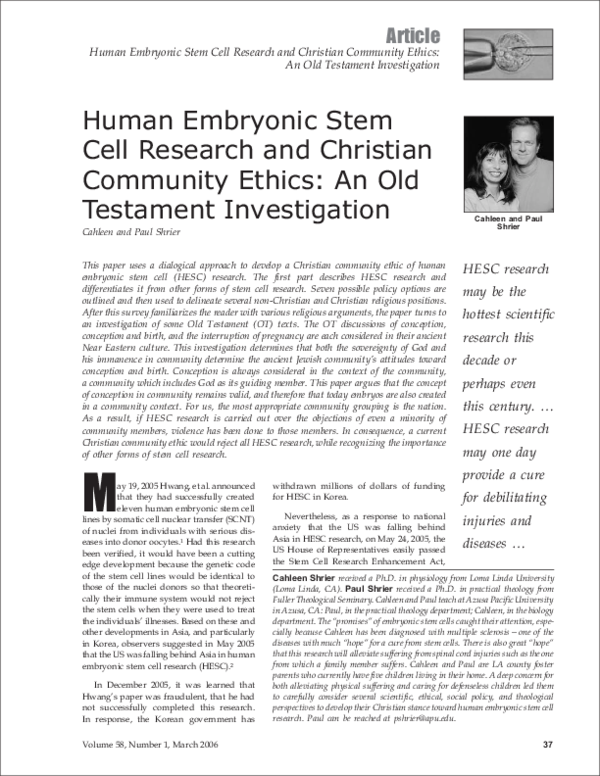 (PDF) Human Embryonic Stem Cell Research and Christian Community Ethics ...