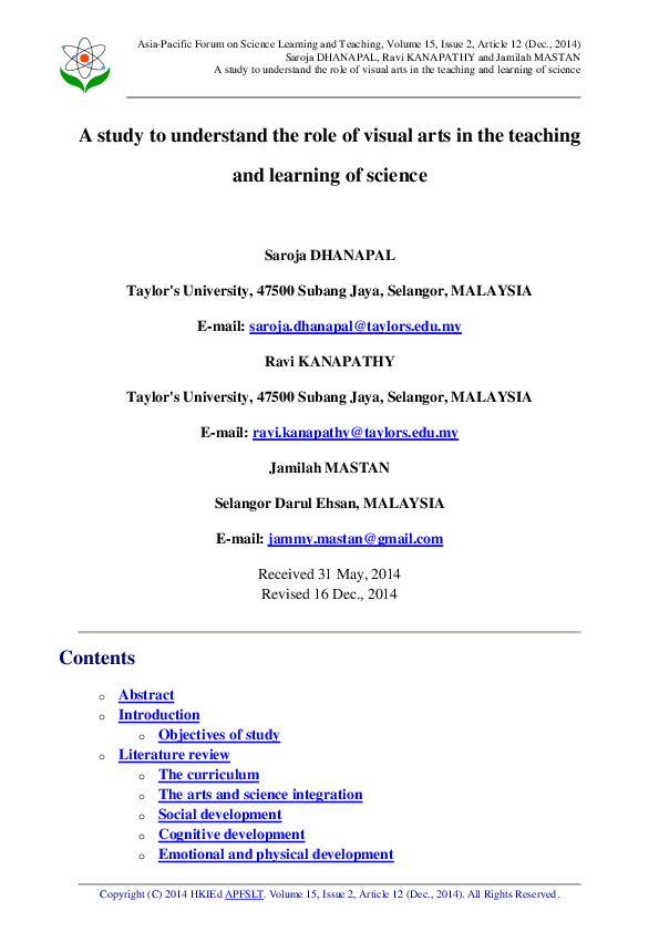 (PDF) A Study to Understand the Role of Visual Arts in the Teaching and ...