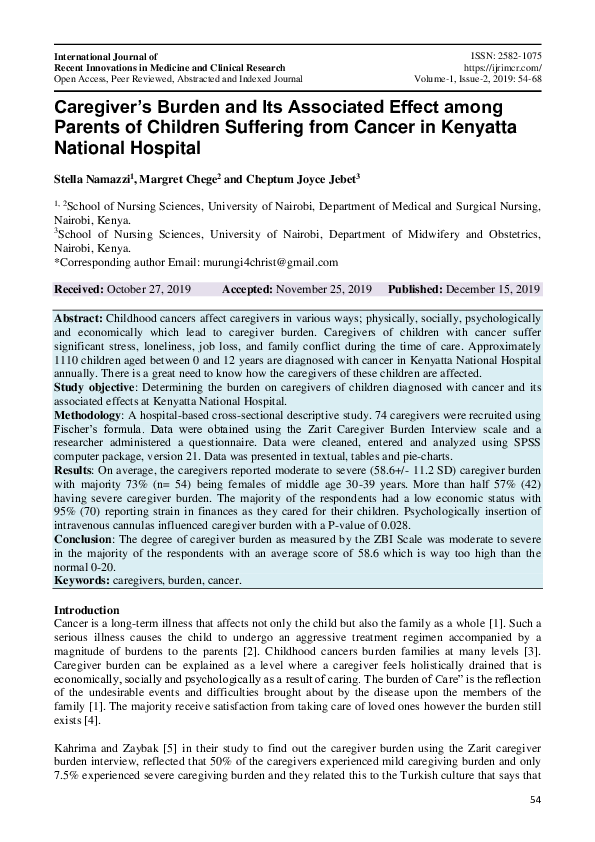 (PDF) Caregiver’s Burden and Its Associated Effect among Parents of ...