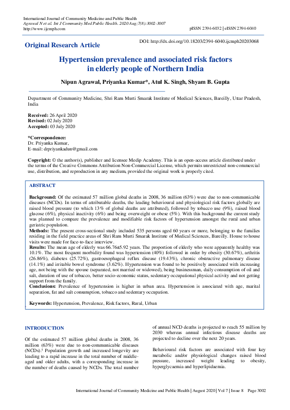 (PDF) Hypertension prevalence and associated risk factors in elderly ...