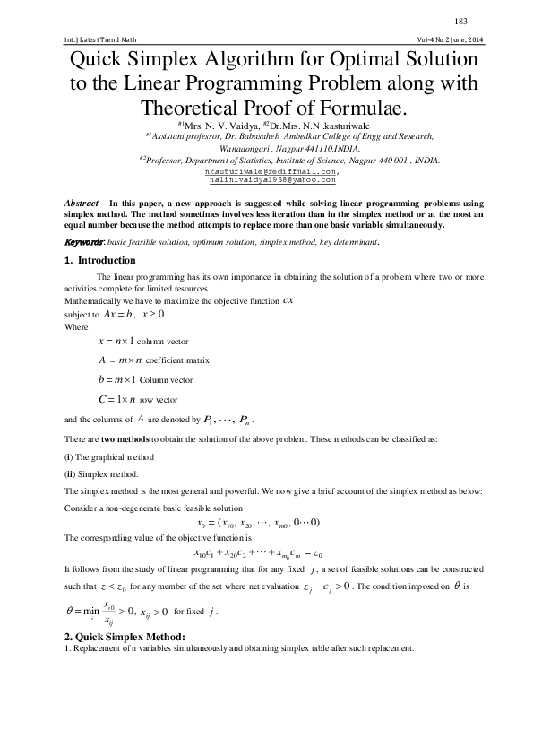 (PDF) Quick Simplex Algorithm for Optimal Solution to the Linear ...