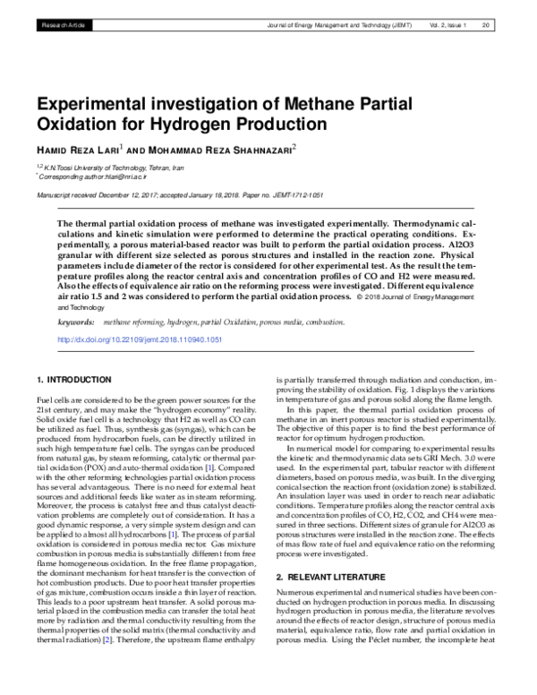 (PDF) Experimental investigation of Methane Partial Oxidation for ...