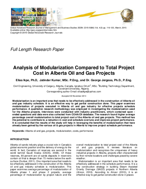 (PDF) Analysis of Modularization Compared to Total Project Cost in ...