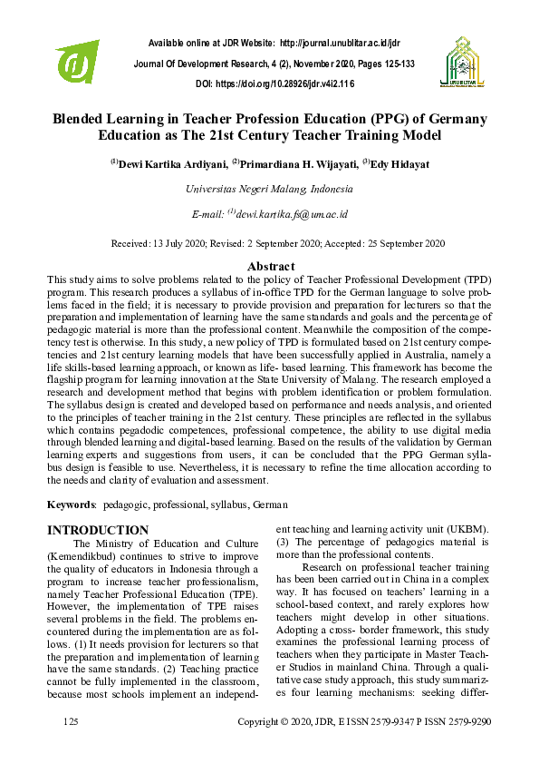 Pdf Blended Learning In Teacher Profession Education Ppg Of Germany