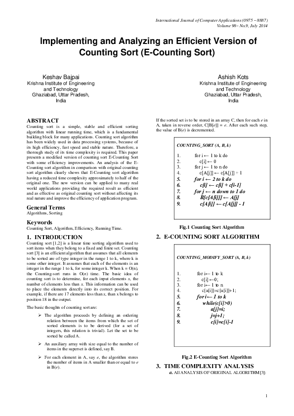 (PDF) Implementing and Analyzing an Efficient Version of Counting Sort ...