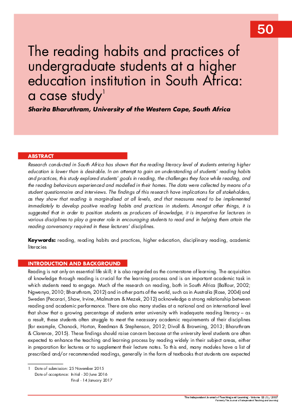 (PDF) The reading habits and practices of undergraduate students at a ...