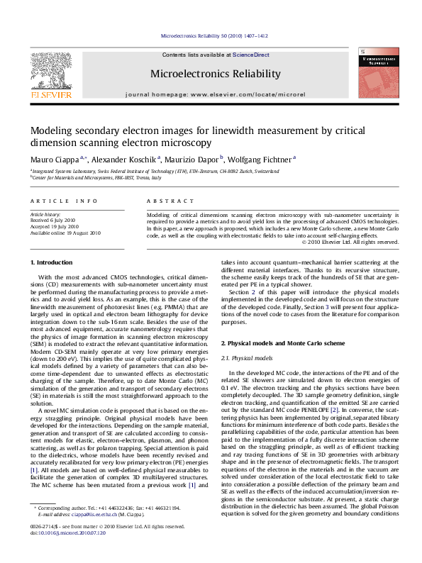 (PDF) Modeling secondary electron images for linewidth measurement by