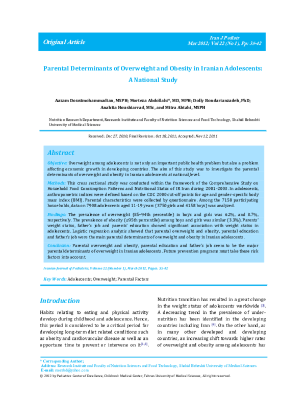 (PDF) Parental Determinants of Overweight and Obesity in Iranian ...
