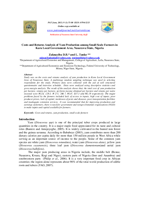 (PDF) Costs and Returns Analysis of Yam Production among Small Scale ...