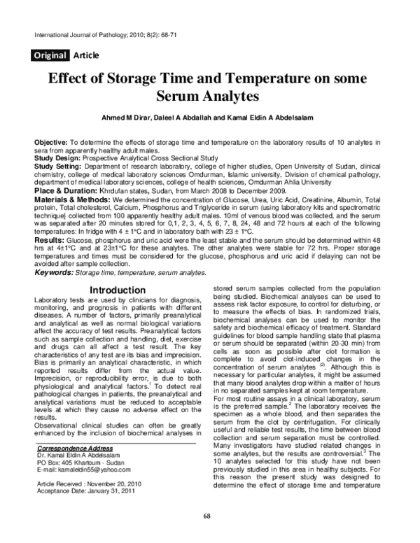 (PDF) Effect Of Storage Time And Temperature On Some Serum Analytes
