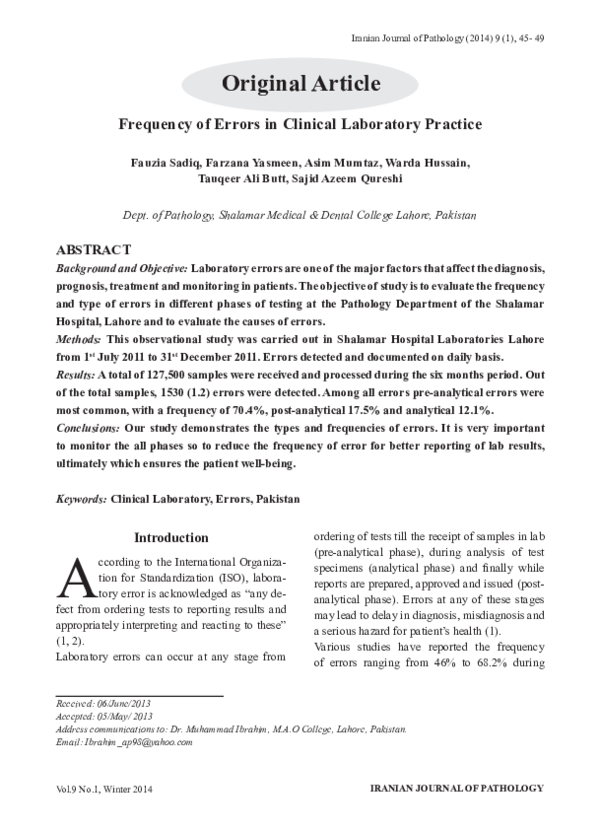 (PDF) Frequency of Errors in Clinical Laboratory Practice