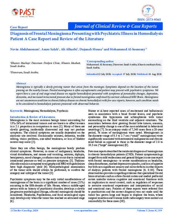 (PDF) Diagnosis of Frontal Meningioma Presenting with Psychiatric ...
