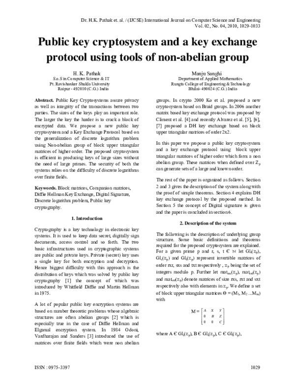 (PDF) Public key cryptosystem and a key exchange protocol using tools ...