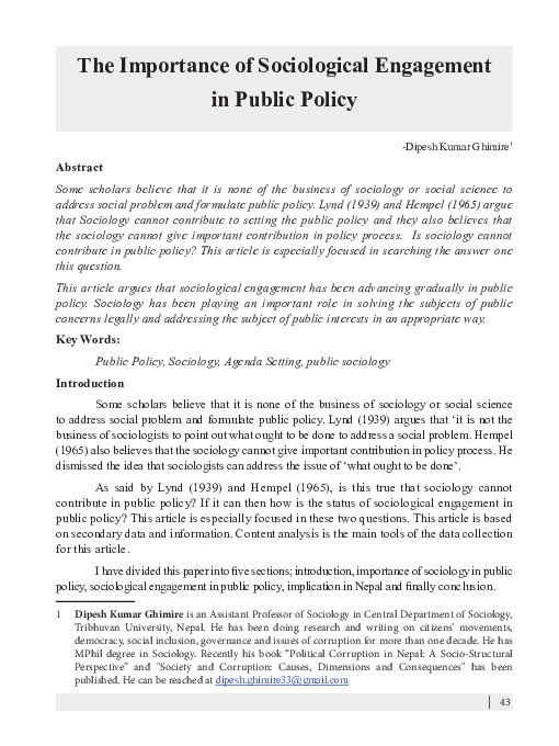 (PDF) The Importance of Sociological Engagement in Public Policy