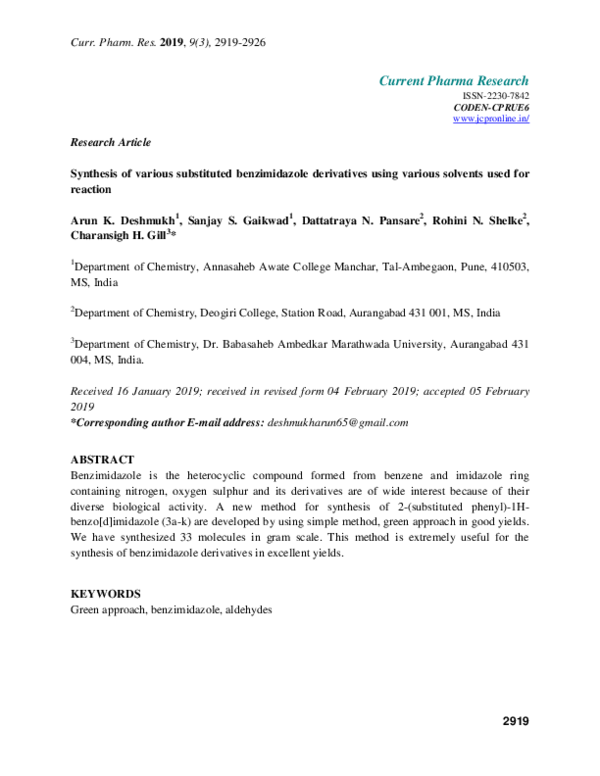 (PDF) Synthesis of various substituted benzimidazole derivatives using ...